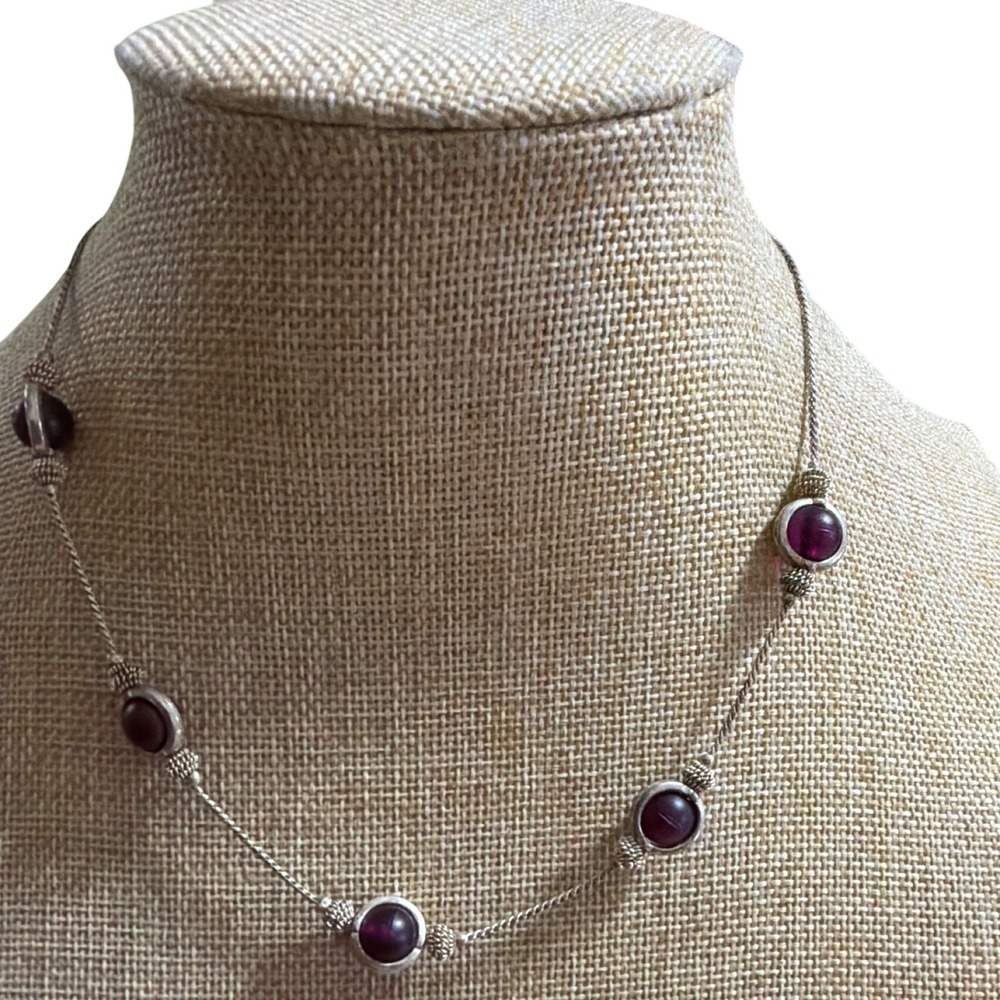 Silver Tone Purple Cabochon Station Necklace Adjustable Boho Style Layering